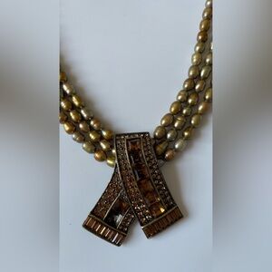 Freshwater Pearl Statement Necklace Amber Crystal Pendant